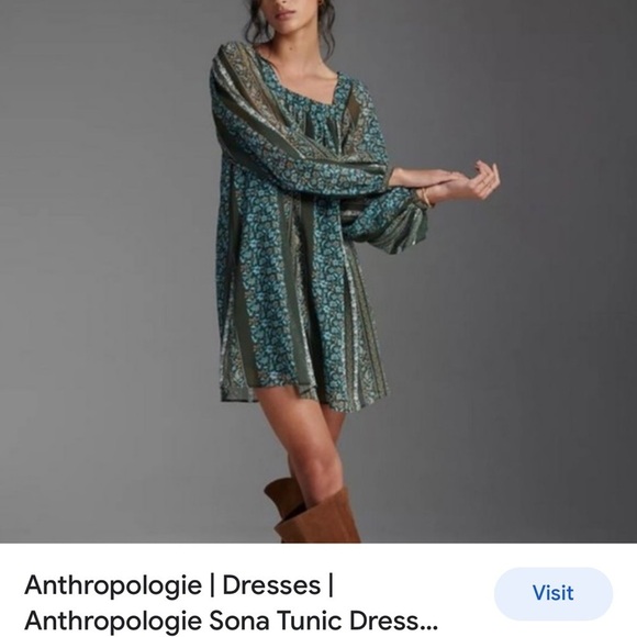 ANTHROPOLOGY SONIA TUNIC DRESS SZ XSP GREEN BLUE SHEER SLEEVES BOHO PEASANT - Picture 9 of 11